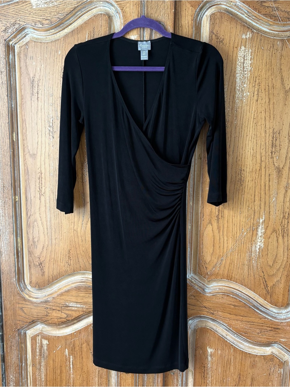 Travelers by Chico’s Black Ruched Faux Wrap Dress Size 0 Small (4)